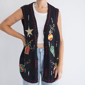 Vintage Holiday Editions Black Knit Ornament Star Gift Holiday Sweater Vest M